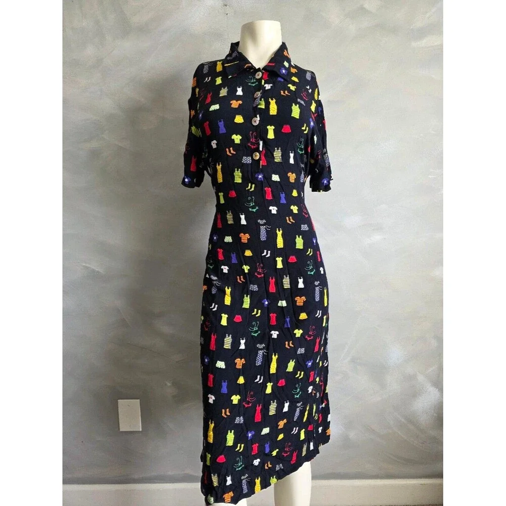 Vtg 90s David Dart Black Button Up Novelty Print Multicolor Dress Sz L Collar